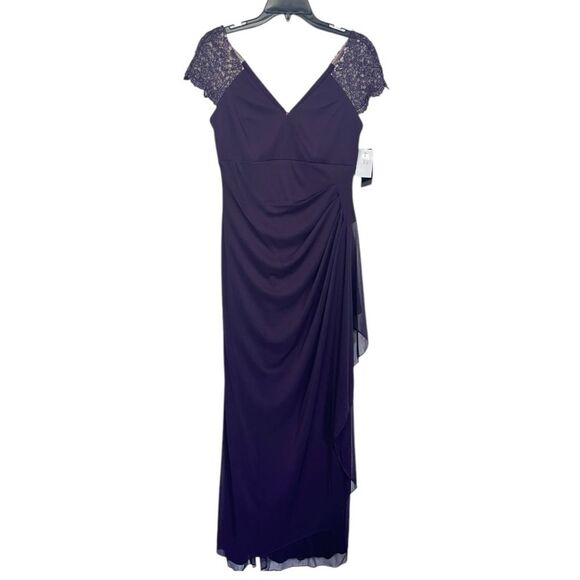 NWT Xscape | Purple Lace Sleeve Chiffon V Neck Flutter Ruffle Gown Dress 6 - Picture 4 of 12